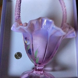 Hand painted, "signed" Fenton pink Rosaline glass basket